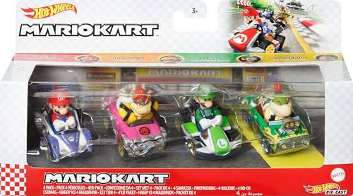 Hot Wheels - Spielzeug Set - Mariokart 4-Pack - 4er Fahrzeugsortiment - Mario - Bowser - Luigi - Bowser Jr. - JCP72 - Set mit 4 beliebten Figuren - Mattel 2024-1:64