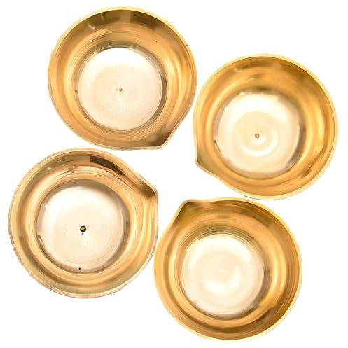 Brass Diya Set of 4 Deepak Long Wick Diva Traditional Indian Festival Décor Decoration for Pooja Temple Mandir Home Karthik Deepam Decorative Lighting Accessories and Gifting