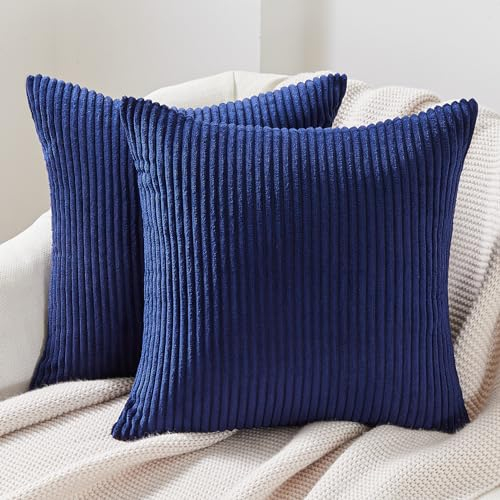 Topfinel Kissenbezüge 45x45 Blau Kordsamt 2er Set gestreiftes Muster Kissenbezug Kissenhülle für Dekokissen Sofakissen Couchkissen Dekokissen Zierkissenbezug Deko Kisse