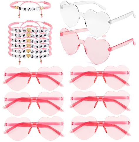 BETESSIN 14x JGA Accessoires Frauen 7 Jga Armbänder 7 Herz Brille Pink Team Braut Armbänder Braut Herz Sonnenbrille Junggesellenabschied Deko Rosa Team Bride Hochzeit Bachelorette Party