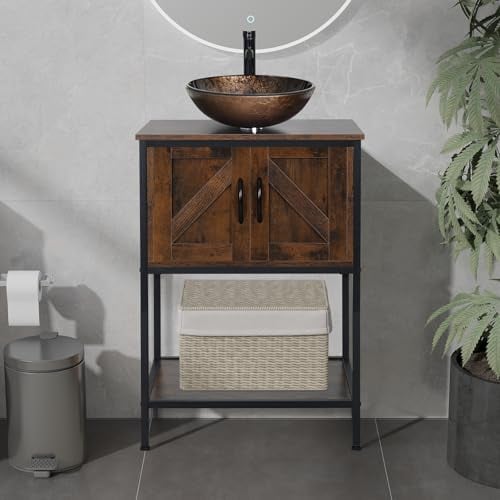 ZealWe 2-TLG Badmöbel Set mit 61cm Waschtischunterschrank, 42cm Aufsatzwaschbecken & Unterschrank, Gästebad Badezimmermöbel im industriellen Stil. Perfekter Waschplatz für Gäste WC, Braun