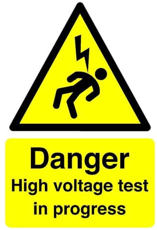 Warnschild Danger High Voltage Test, selbstklebender Aufkleber (200 mm x 150 mm), Sichtabstand innerhalb von 5 m.