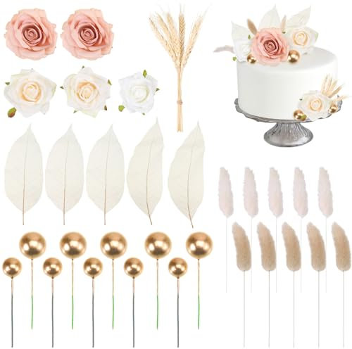 Lot de 35 Décorations de Gâteau Bohème, Deco Gateau Anniversaire Mariage, Pétales de Rose Artificielles, Feuilles de Magnolia, Herbe de Queue, Bouquet, Réutilisable Pour Anniversaire, Fête de Mariage