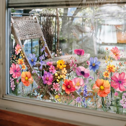 WandSticker4U®- Wiederverwendbare Fensterbilder Sommer selbstklebend BLUMENWIESE bunt (95x60 cm) I Fenstersticker Blumen Pflanzen Fensteraufkleber Wohn-& Schlafzimmer Küche Fenster Deko Frühling
