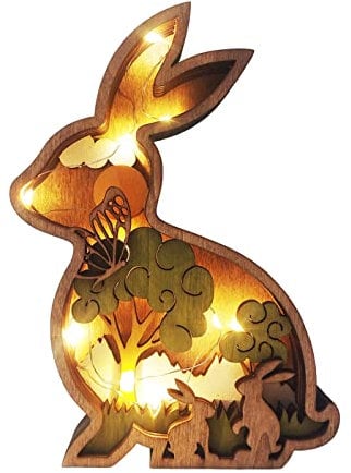 ACAREY Osterdeko Holz Tier Deko Figuren mit LED für Tischdeko, Frühlingsdeko Beleuchtung Holz, Osterhasen Holz Kaninchen Vogel Huhn Figuren für Osterdekor, Baumdeko, Heimdeko, Partydeko (Hase)