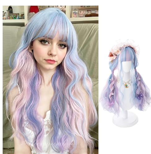 R REEWES FASHION HAIR Pulverblau Synthetische Wellig Perücke mit Pony für Damen, Cosplay/Alltag/Party