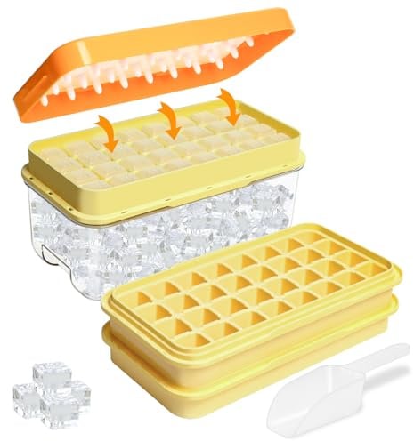 Eiswürfelform, Lebensmittelechte Eiswürfelbehälter Silikon, Alle Eiswürfel in Einer Sekunde Freigeben, BPA-Frei Eiswürfelform mit Deckel (Orange Ice Cube Tray)