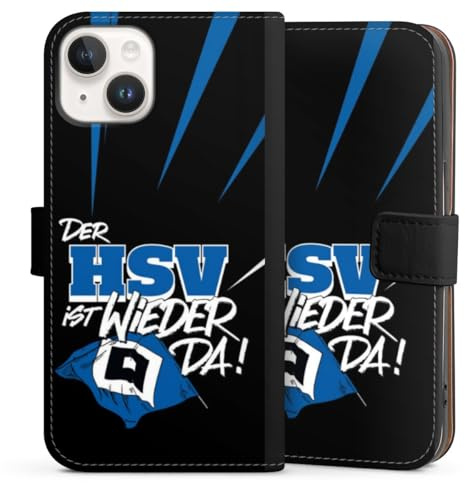 Klapphülle kompatibel mit Apple iPhone 14 Handyhülle aus Kunst Leder schwarz Flip Case Hamburger SV Aufstieg HSV