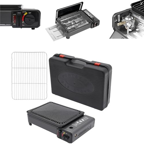 Fornello da campeggio 2 in 1, barbecue a gas, set + valigetta in alluminio (3,2 kg), griglia multifunzione portatile da 3 kW, accensione piezoelettrica e valvola di sicurezza