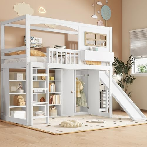 Dolamaní Lit surélevé 90 x 200 cm avec toboggan et armoire, lit d'enfant avec grille de protection contre les chutes et grand espace de rangement, pin + MDF + contreplaqué (blanc A)