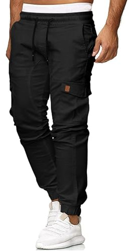 Pantaloni cargo da uomo, casual, da lavoro, da combattimento, aderenti, con coulisse, con tasche, Nero , XXL