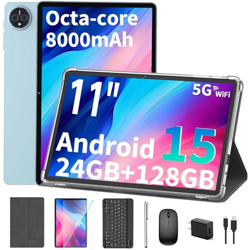Android 15 Keyboard Tablet, 11 Inch Tablet with 24GB RAM + 128GB ROM (2TB Expansion), 8000mAh Battery, 2.4G/5G Wi-Fi, 5MP + 13MP Dual Camera, Widevine L1, Octa-Core, Mouse