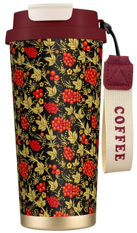 YXDVPALNE Traditionelles russisches Chochloma,316 Edelstahl-Kaffeebecher mit Umhängeband, isolierter Becher, Reisebecher fürs Auto, 500 ml