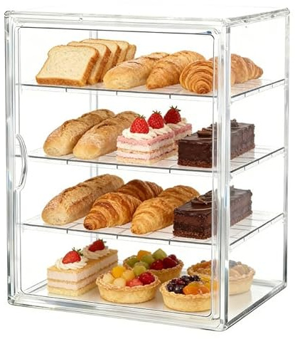 GOEDCH 40×30×25 cm vetrina da banco in acrilico a 4 strati: grande contenitore trasparente per il pane, vetrina per pasticceria in materiale PET trasparente, funzione porta magnetica, portapane in