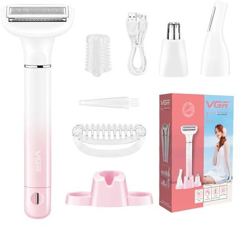VGR 611 Damen Elektrorasierer 3 in 1, Kabelloser Rasierer | Nasenhaartrimmer & Gesichtshaartrimmer, Wiederaufladbar, Sanfte Haarentfernung für Beine, Achseln, Bikini & Gesicht