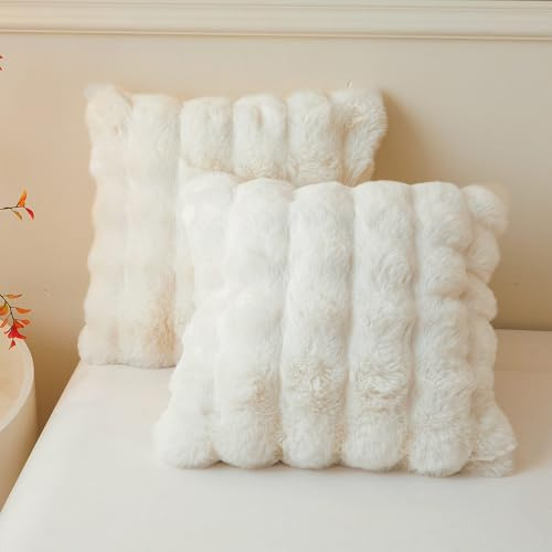 LIFEREVO Fluffy Faux Rabbit Fur Cushion Covers 45x45cm Set of 2, Beige | Soft Furry Bubble Throw Pillow Covers with Zipper, Washable Plush Decorative Ivory Square Pillow Shams for Bed Sofa Office