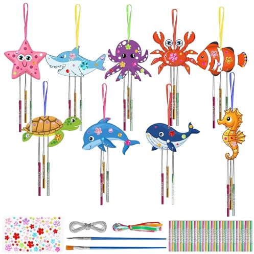 9 Piezas Manualidades Niños Campanas de Viento Animales del Océano | Juegos Manualidades DIY Madera para Pintar, Kit Creativas Carrillones Viento Exterior para Niños y Niñas Regalos Cumpleaños