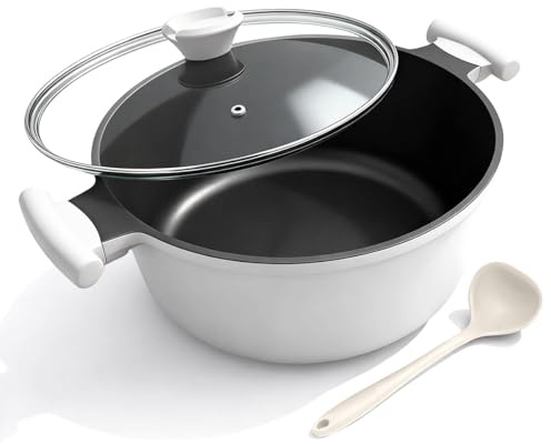Bobikuke Kochtopf 28 cm mit Deckel, Großer 7L Schmortopf- Weiß | Gesunde Koch-Nudeltopf für alle Herde, Antihaft Kasserolle mit Doppelgriff