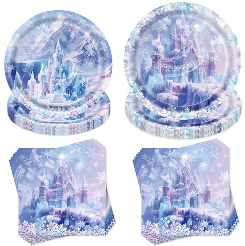 40 Stück Freeze Castle Party Geschirr Set,Blaue und Lila Schnee Partygeschirr,Prinzessin Party Dekorationen Supplies,mit Pappteller Servietten,Geburtstag Geschirr für 10 Gäste