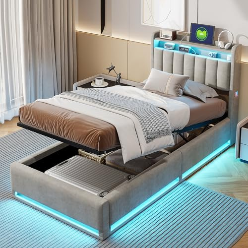 BPKADHY Polsterbett 90x200 cm mit LED-Beleuchtung & USB-C, Hydraulisch Bett mit Stauraum und Kopfteil, Einzelbett Jugendbett Bettgestell mit Lattenrost, Samt Grau, Ohne Matratze