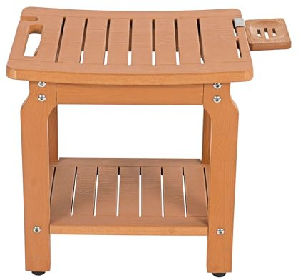 HABAU Premium Duschhocker aus HIPS Kunststoff in Holzoptik, Braun | Badhocker mit Ablage, Seifenschale & Duschkopfhalterung - Wasserfest, Rostfrei & Rutschfest