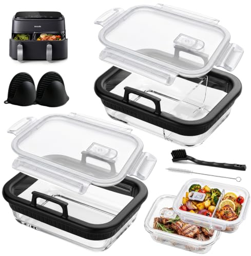 2 Stück Glas Auflaufform Airfryer, BPA-frei Glasform für Airfryer mit Deckel, Abnehmbaren Silikongriffen, Silikonhandschuh und 2 Reinigungsbürsten für Ninja AF400EU/DZ400EU/AF500EU/COSORI/Philips