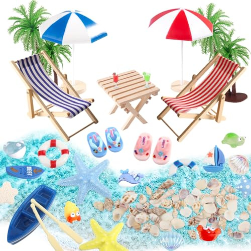 OMIGA Deko Strand und Meer Miniatur Strand Deko 30 Stück | Strandkorb Sonnenschirm Kleine Palme Segelboot Leuchtturm Muschel für DIY Sommerdeko Garten-Deko Puppenhaus Dekoration