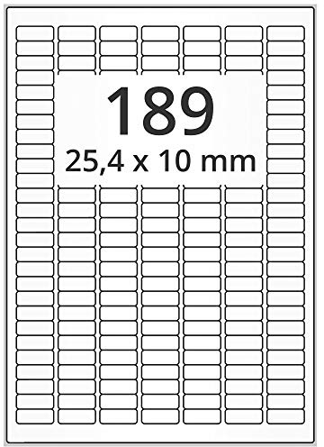 Laserdrucker Etiketten auf A4 Bogen, weiß - 25,4 x 10 mm - 18.900 Papier Aufkleber auf 100 Blatt, ablösbare Universal Klebe-Etiketten, matt