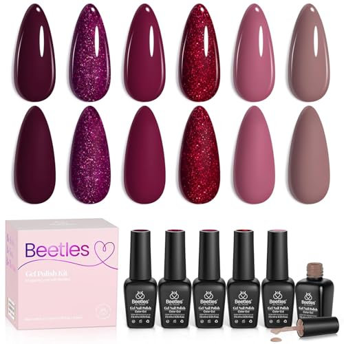 Beetles Gel Nail Polish Set, 6 Pcs Gel Nail Polish Kit Fall Winter Purple Brown Red Glitter Soak Off Nail Thanksgiving Nail Art DIY Home Christmas Minicure Kits Gifts for Women