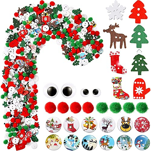 WILLBOND 500 Stück Weihnachten Verzierungen Mix Holz Knöpfe Pom Pom Ball Wackelaugen Ornamente DIY Handwerk Nähen Dekoration Zubehör