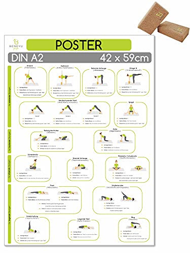 beneyu ® Yoga Poster für Yoga Block mit Yoga Asanas in Deutsch, DIN A2 (60x42cm) Klimaneutrale Produktion (auf A4 gefalzt) (gefalten, DIN A2)