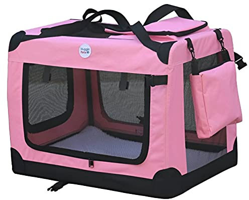 HugglePets Pink Fabric Dog Crate Carrier X-Large 82cm, Foldable with Fleece Mat