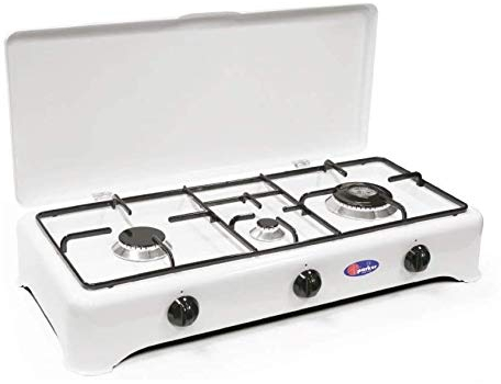 Hornillo de mesa Parker 5324GPMS/C blanco 3 fuegos con quemador de doble corona uso metano con válvula de seguridad para interior