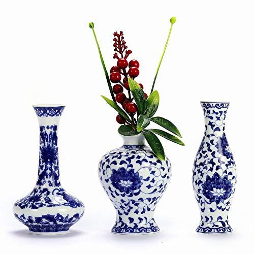 Ensemble de Vase en Porcelaine Bleu et Blanc Classique, Ensemble de Vase en Porcelaine émaillée Art Fambe, Petit Vase en céramique de 3 pièces Salon vases Chinois