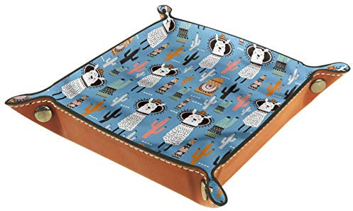 ZORE_FINE5 Quadratische Schmucktabletts aus Leder, Würfel, Spiele, Schlüssel, Münzen, Süßigkeiten, Aufbewahrungsbox, faltbar, 11,5 cm, Cartoon-Lama