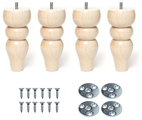 6’’ Wooden Bun Furniture Replacement Legs Feet Raw State Colour Beech Wood M8 Thread Level Mounting Plates Set Of 4 Legs For Sofa Cabinet Footstool Chair Bed Ottoman TALLIN 15 CM