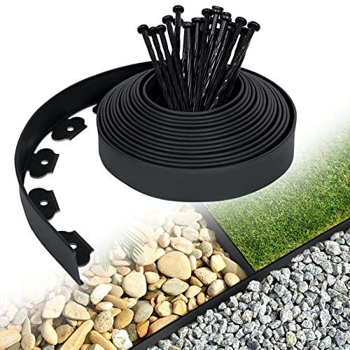 AufuN Flexible Rasenkante aus Kunststoff 20mx5cm mit 60 Erdanker zur Verankerung, Beetumrandung Wurzelsperre System, Pflastersteine Mähkante Garten dekorativ(20M, Schwarz)