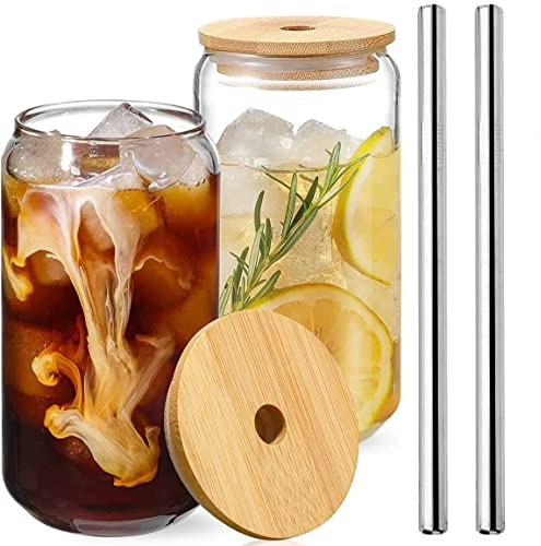 2pcs Drinking Glasses with Bamboo Lids and Stainless Steel Straw, 500ml Can Shaped Glass Cups, Can Shaped Beer Glasses, Coffee Glasses with 1 Cleaning Brushes for Cold Coffee Cocktail Whiskey