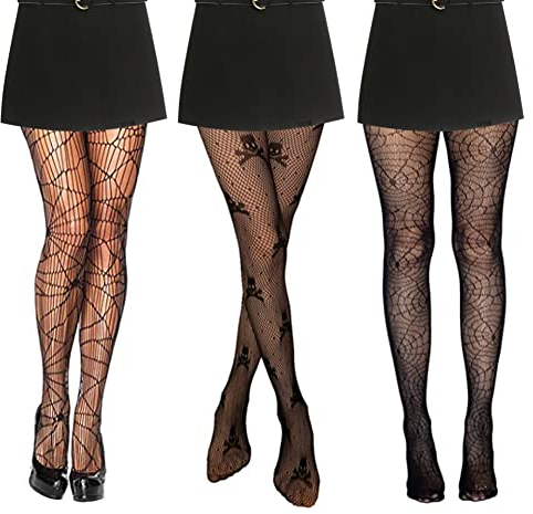 Yangshine 3 Paia di Calze a Rete di Halloween - Vita Alta con Motivi Cranio e Ragnatela - Collant Neri per Donne, Spider+Web+Cranio, Taglia Unica (YSLWK02-1)