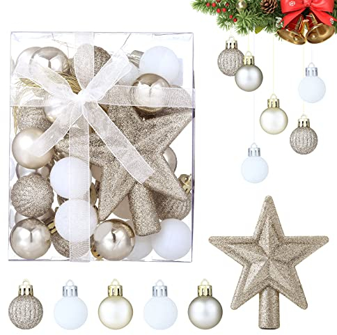 Moncolis 30 Stück 3cm Weihnachtskugeln mit Stern Mini Christbaumkugeln Weihnachtsbaumkugeln Plastik Glitzer Gold Weiß Weihnachtsbaumschmuck Deko