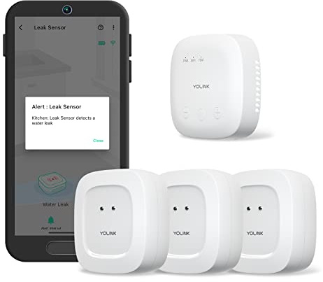 YoLink SpeakerHub & Three Water Leak Sensors Starter Kit – Plays Tones/Sounds, Spoken Messages, LoRa-Powered ¼ Mile Range, App Alert, Emails, SMS/Text, IFTTT