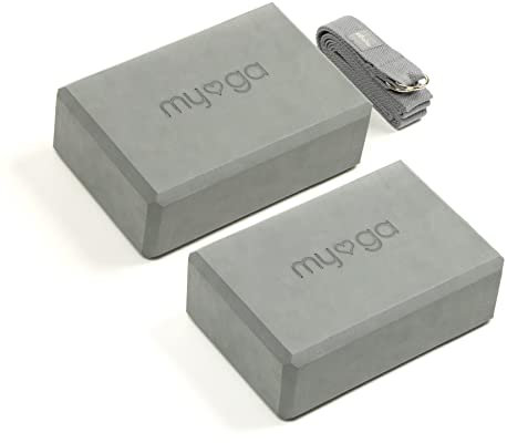 Myga Yoga Zubehör Set | 2 Rutschfeste Yoga Blöcke & Verstellbarer Yoga Gurt (Grau) | Perfekt für Anfänger & Fortgeschrittene | Unterstützung bei Yoga & Pilates Übungen | Leicht & Tragbar