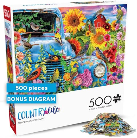 Buffalo Games - Country Life - Songbirds on The Farm - 500 Piece Jigsaw Puzzle | Art by Lars Stewart, Made in USA, Recycled Puzzle Board, Includes Poster, Finished Size 21 x 15 in, Frameable Art, Giftable