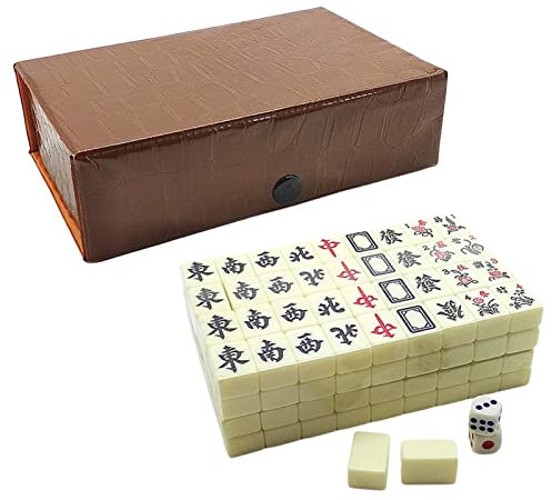 Renywosi Mah-Jong Jeux Traditionnels, Jeu Mahjong Chinois - 144 Tuiles (Dont 8 Tuiles Bonus) + 2 Tuiles Vierges + 2 Sices, Carreaux Blancs Gravés pour Les Loisirs en Famille
