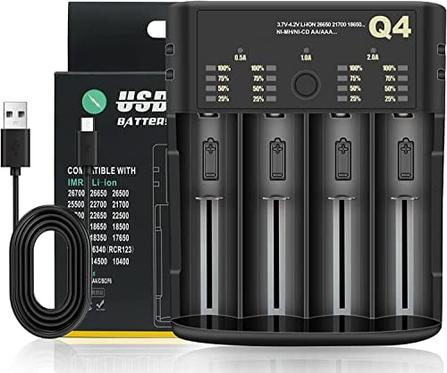 18650 Battery Charger Quick Charger 4-Slot Rechargeable Battery Charger for 3.6-4.2V Li-ion Battery: 10440 16340 18650 18700 20700 21700 22650, 1.2-2.4V Ni MH/Ni CD: AAAA,AAA,AA,A,SC,C