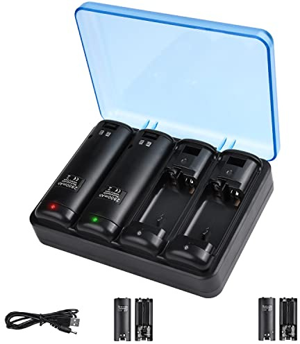 TechKen - Caricatore remoto 4 in 1, stazione di ricarica con 4 batterie ricaricabili Wii da 2800 mAh per controller Wii, caricabatterie Wii compatibile con controller Nintendo Wii/Wii U