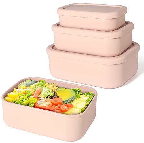 Keweis Set di 3 contenitori per alimenti in silicone, Bento, con coperchio, in silicone rigido, ermetici, adatti a microonde, lavastoviglie e congelatore (283,5 g, 669 g, 1250 ml)