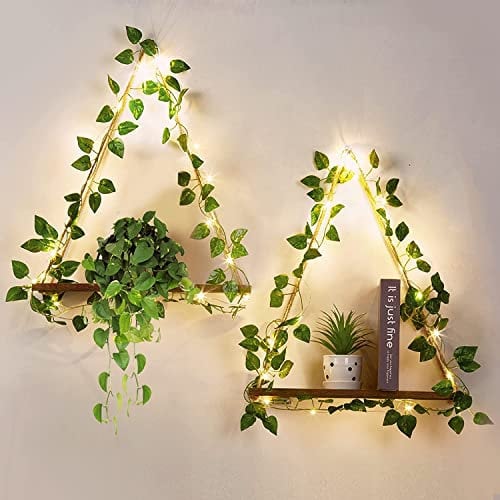 Set of 2 Macrame Hanging Shelves Artificial Ivy LED-Strip Rustic Wood Floating Storage Shelf Display Floating Shelves Wooden Storage Kitchen Wall Boho Decor for Bedroom Living Room Kitchen Nursery