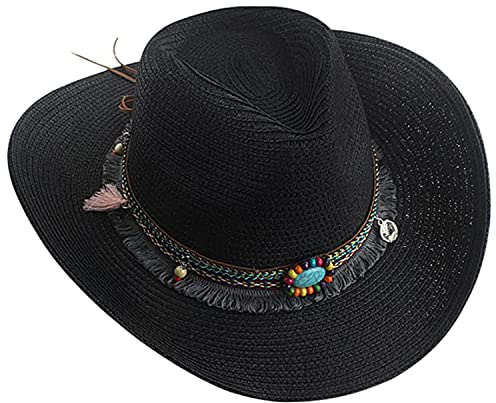 Unisex Cowboy Straw Hat Vintage Cowgirl Hat Classic Western Style Wide Brim Fedora Bucket Visor Cap Summer Beach Outdoor Sun Headwear with Decorative Hatband Black