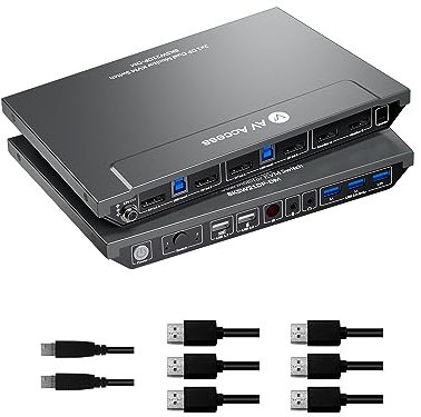 AV Access KVM Switch 2 Computers 2 Monitors DisplayPort 8K@60Hz 4K@165hz/144hz,DP KVM Switch Dual Monitors with USB 3.0 Ports, Audio Out IR Remote, with All Cables